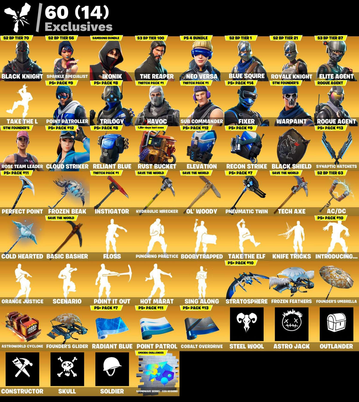 126 skins | OG STW | Cavaliere nero | Specialista delle scintille | IKONIK | Il Mietitore | Neo Versa | Scudiero blu | Cavaliere reale | 750 VB FA INATTIVO